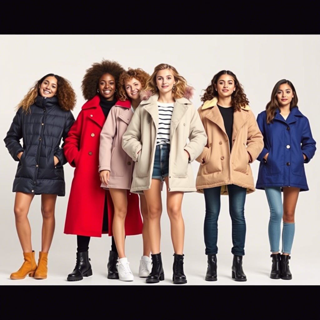 Group of diverse girls showcasing various wholesale coats and jackets