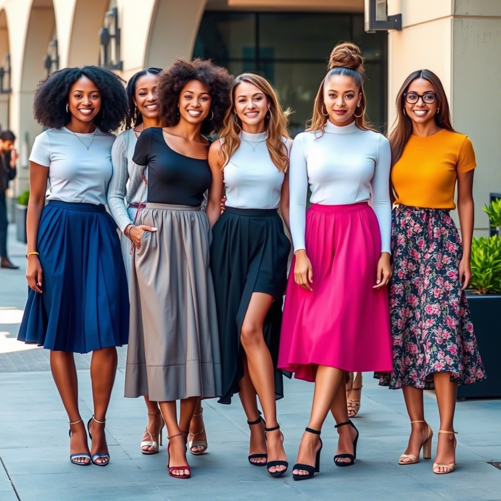 Group of diverse women modeling different skirt styles