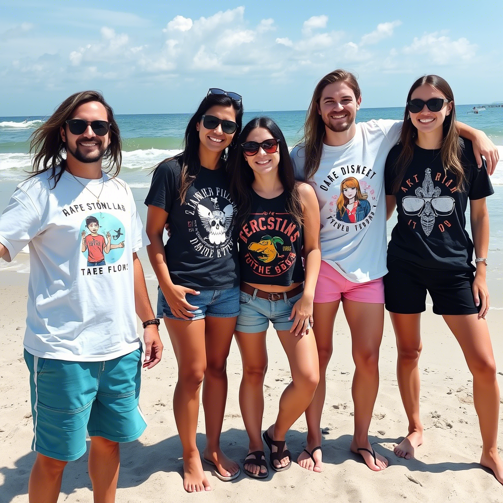 Group of friends at the beach in summer shorts and graphic tees