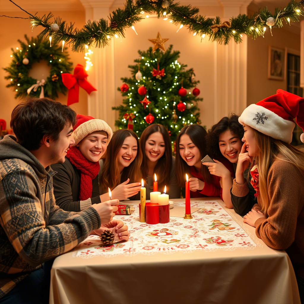 Group of friends having fun with Christmas-themed Pictionary