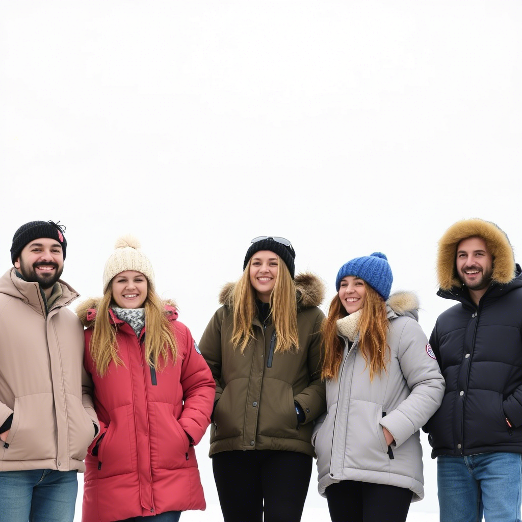 Group of friends showcasing various styles of winter jackets together