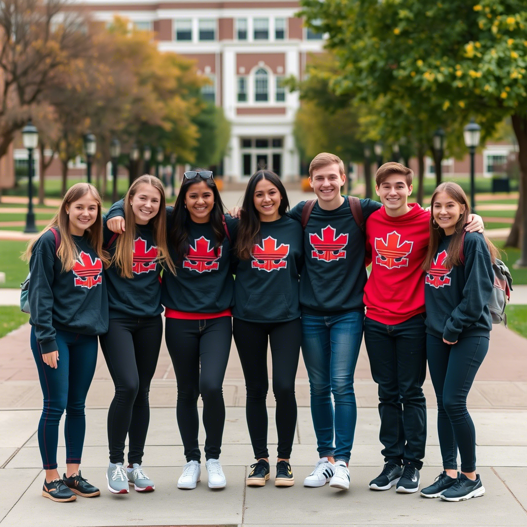 Group of friends wearing matching sweatshirts on a campus