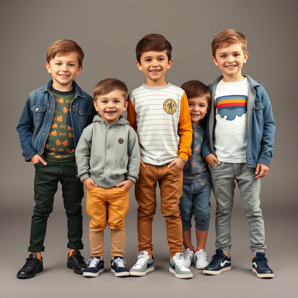Group of happy boys modeling different outfits for a kids fashion brand