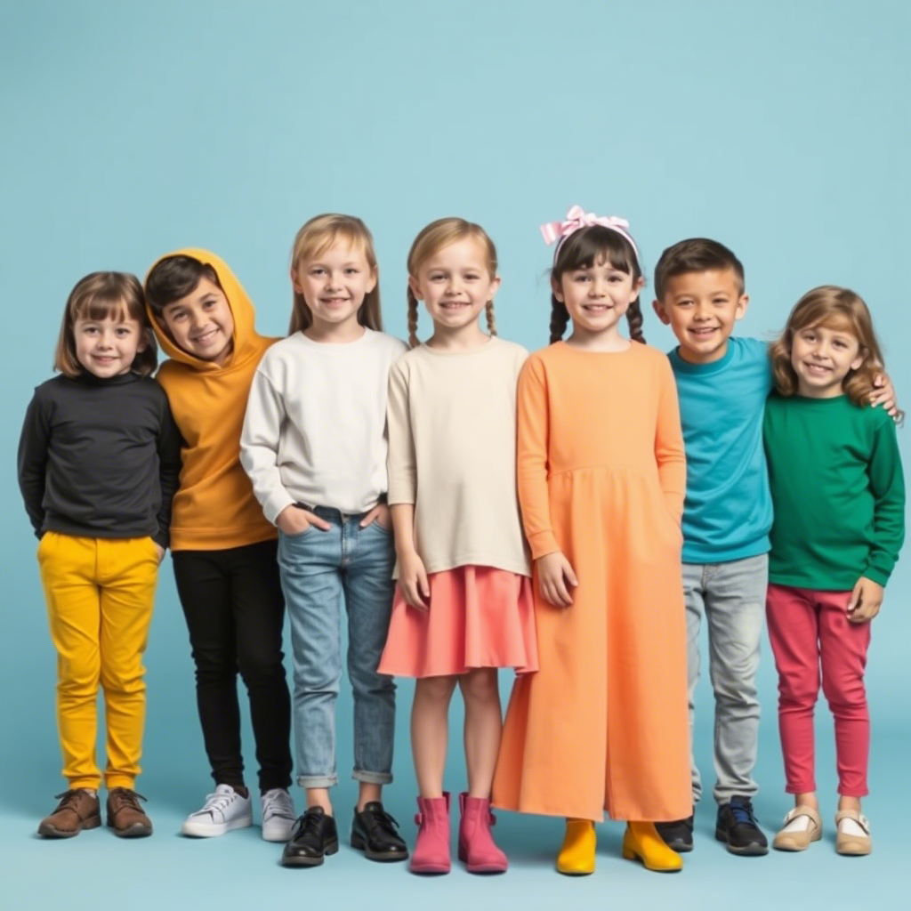 Group of happy children modeling various kids clothing in different colors