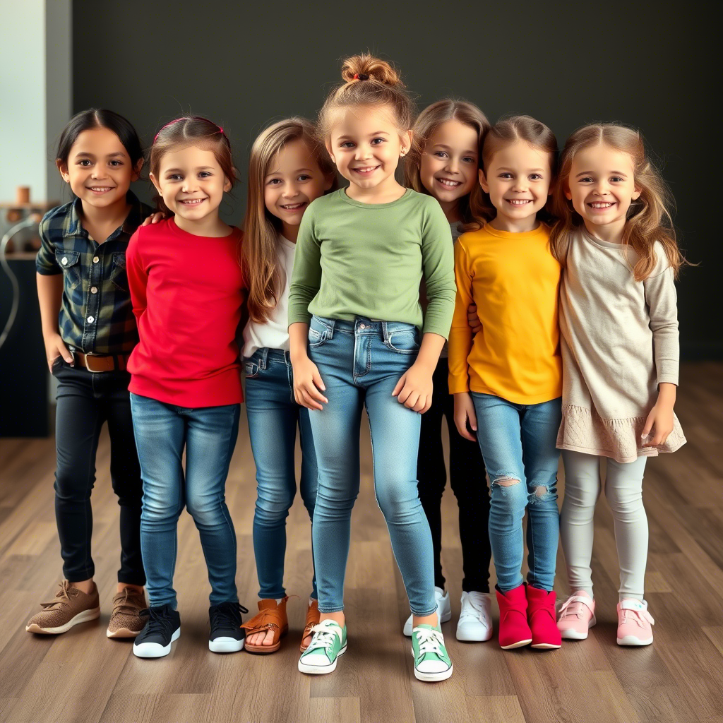 Group of happy kids wearing various styles of jeans and leggings