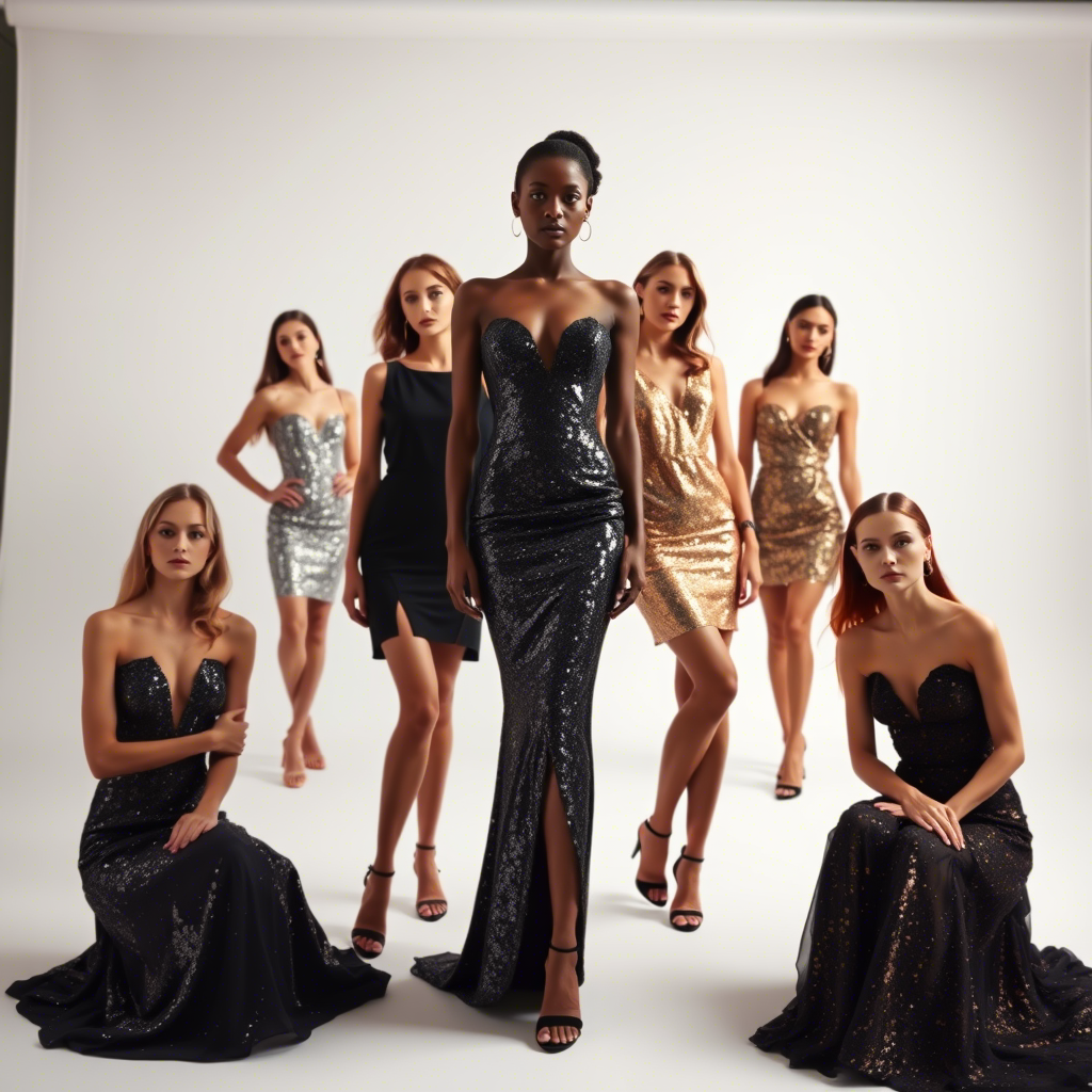 Group of nine female models showcasing sequined dresses in a studio