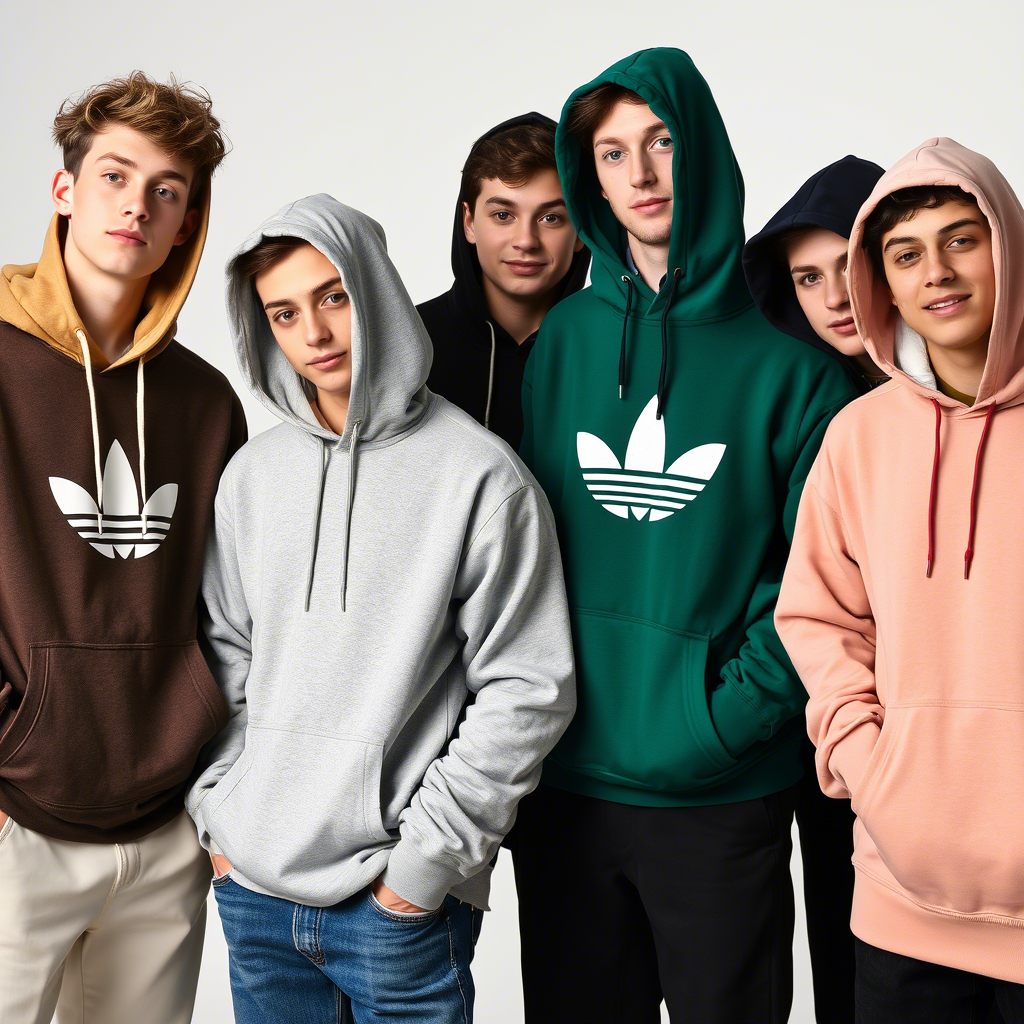 Group of teenage boys modeling different hoodies and sweatshirts together
