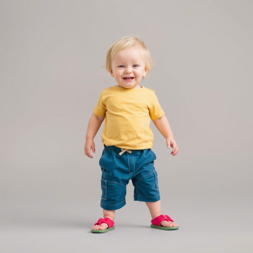 Happy child in comfortable kids’ pants and shorts from known label