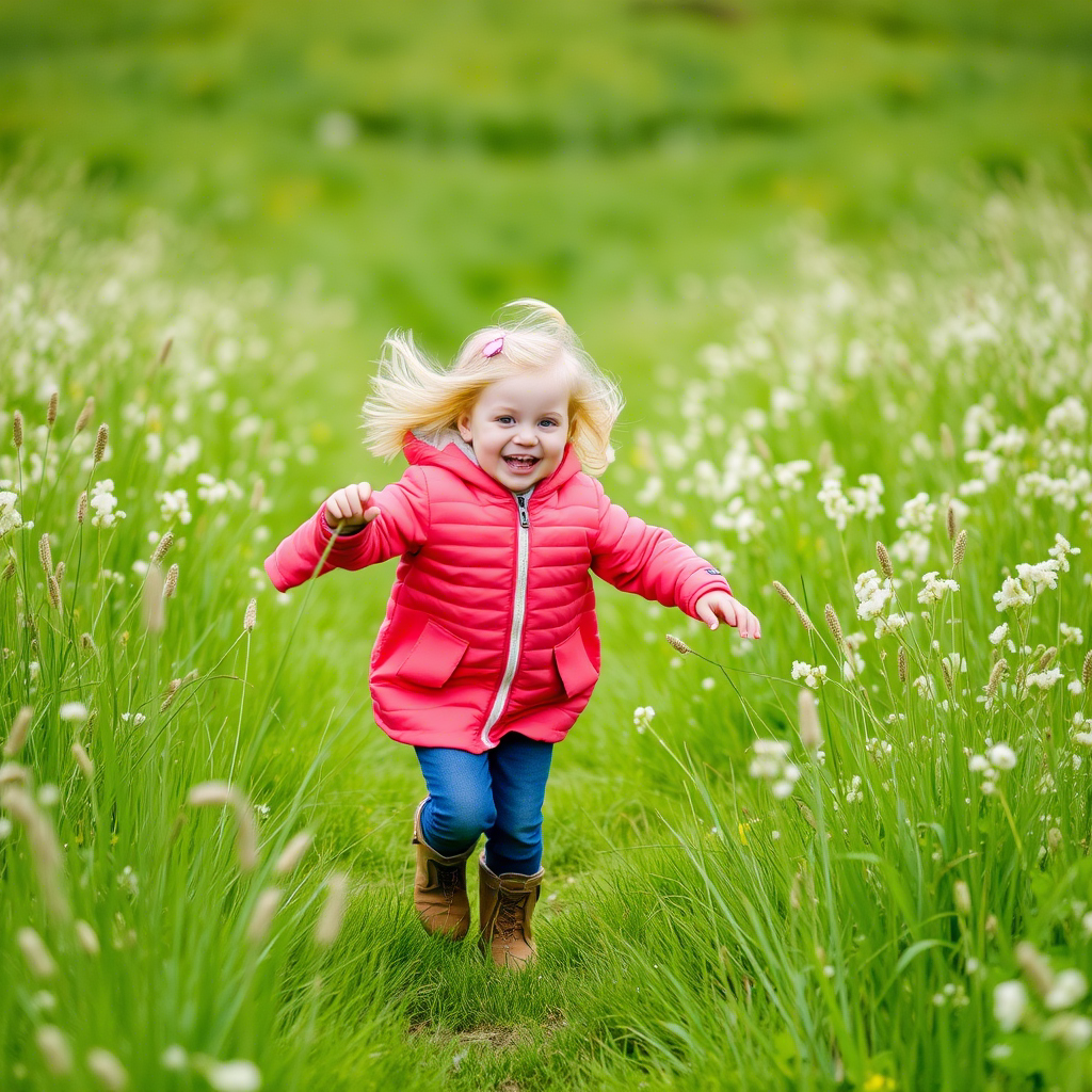 Happy child wearing Lezonkids boots and running in a green meadow