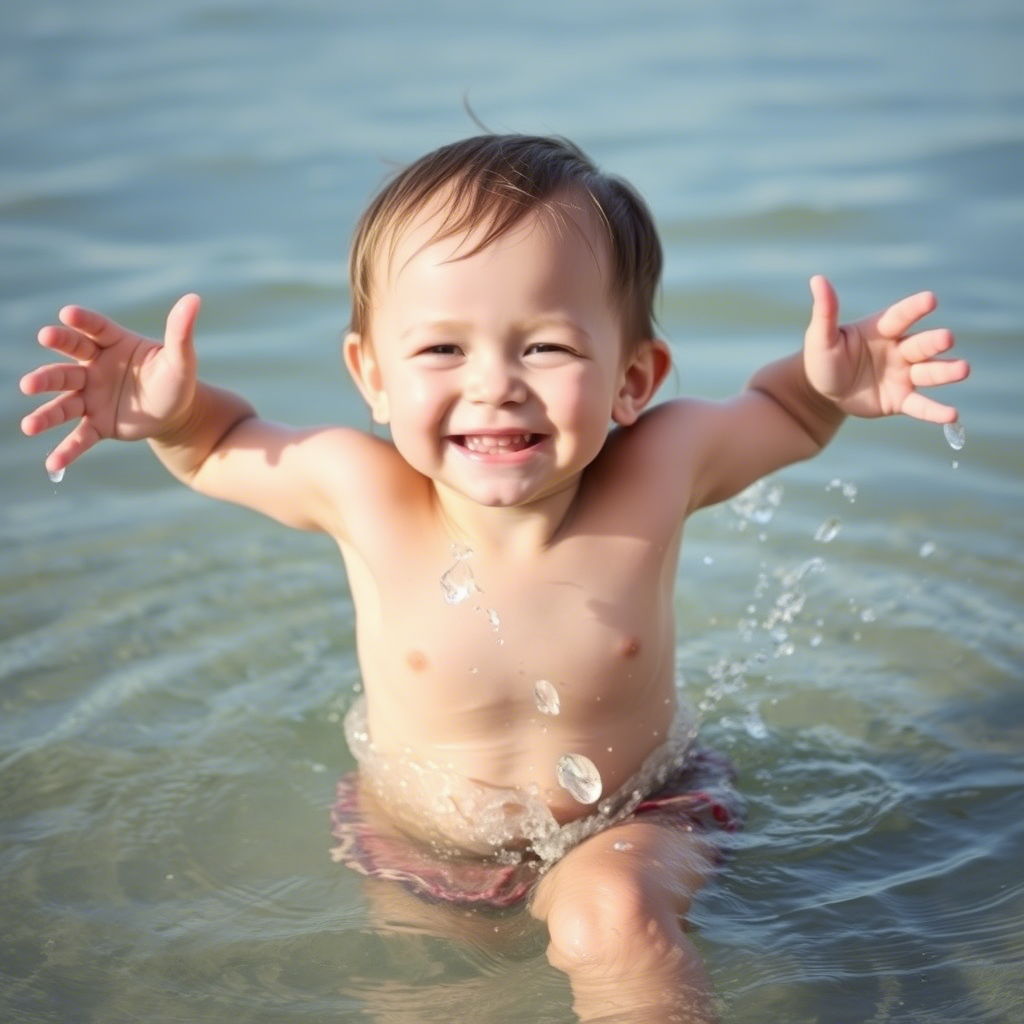 Happy child with water wings splashing in shallow water