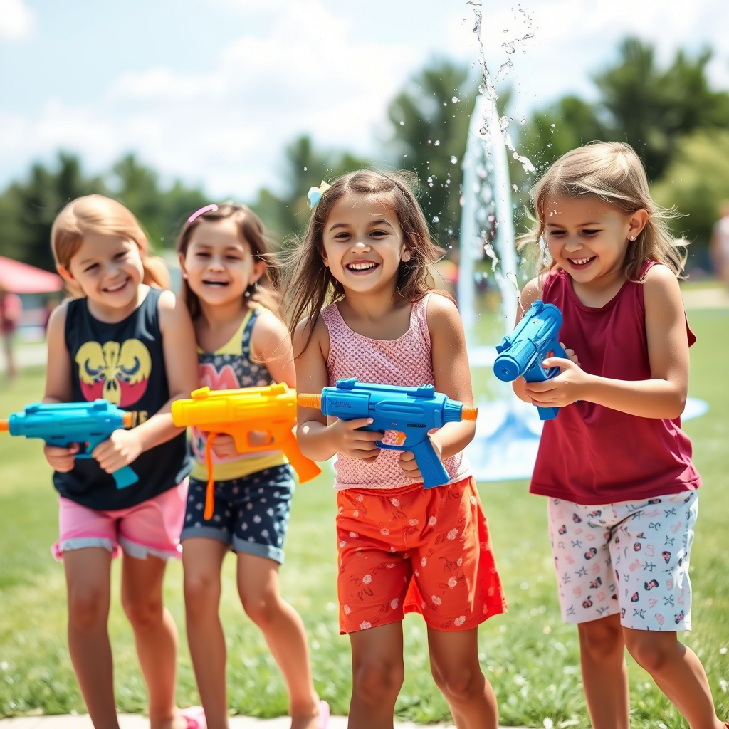 Happy children in casual summer outfits, laughing and playing with water guns in a park