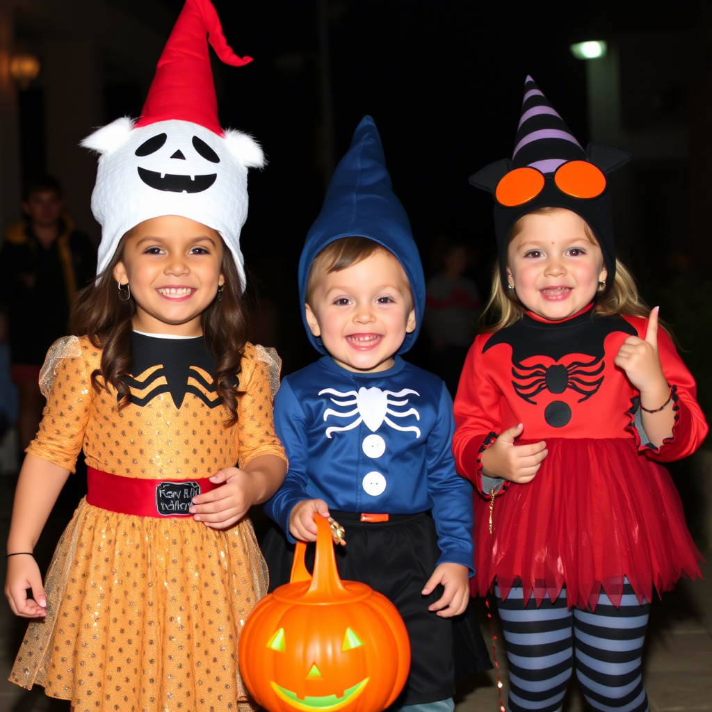 Happy children in Lezonkids party attire on Halloween night