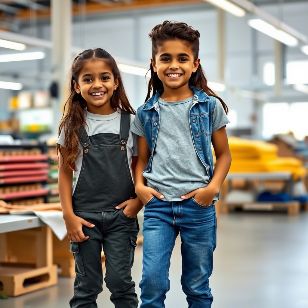 Happy children modeling casual wear in a textile manufacturing setting