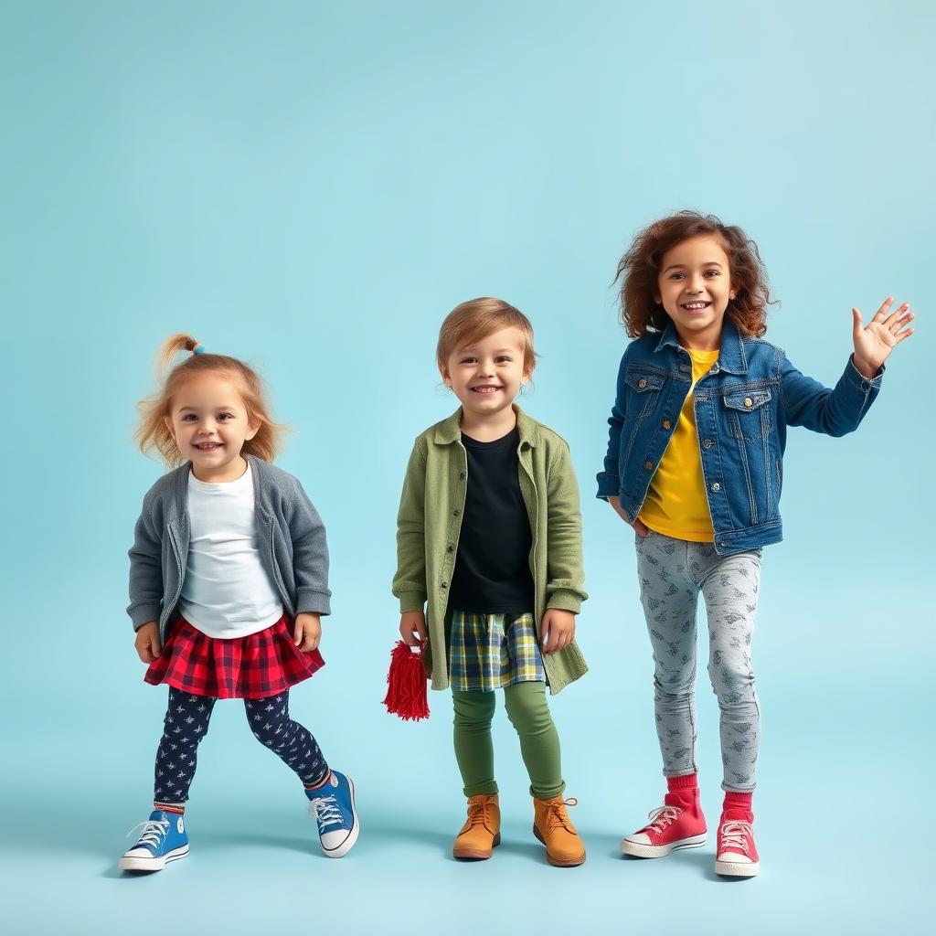 Happy children modeling stylish kids’ clothing in a playful setting