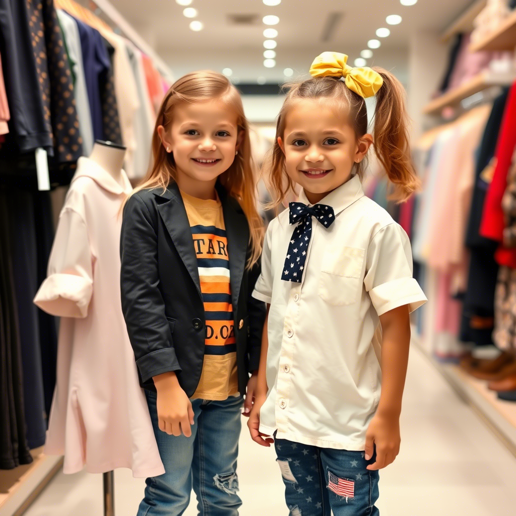 Happy children modeling stylish wholesale kids clothing in a store