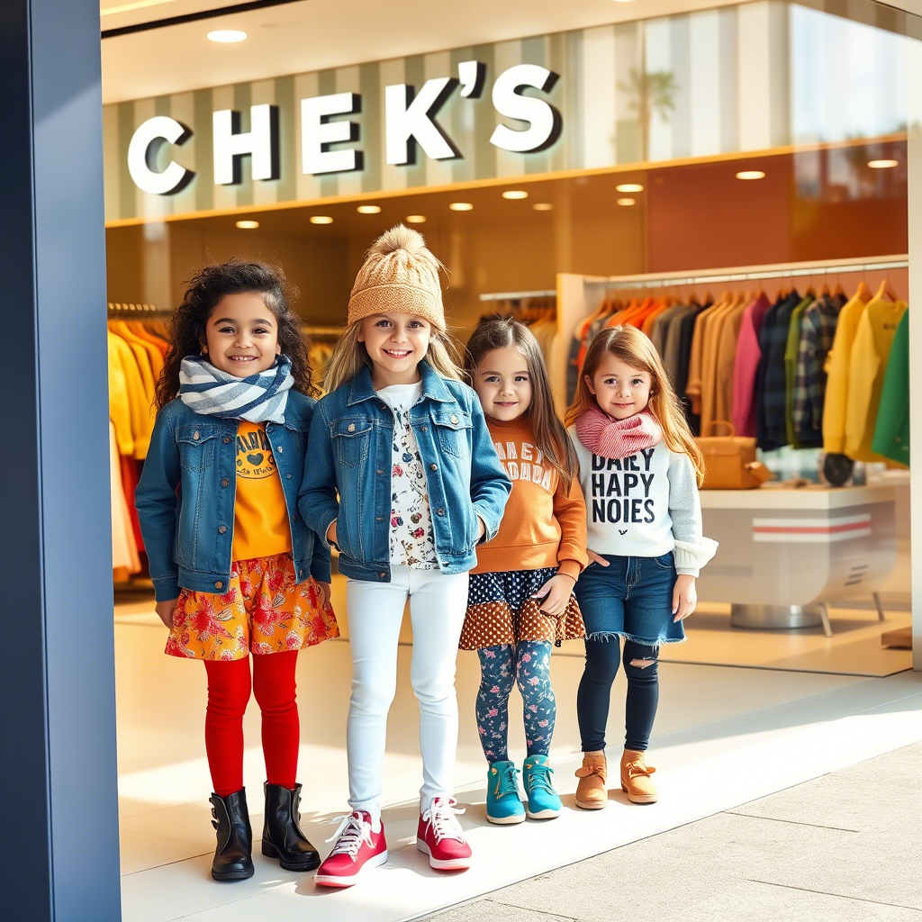 Happy children modeling trendy outfits in a bright, lively storefront display