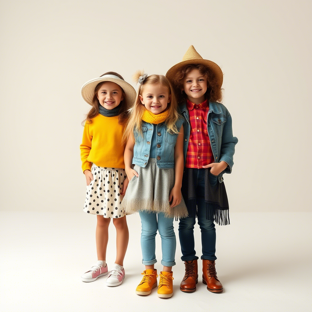 Happy children modeling trendy outfits in a bright studio