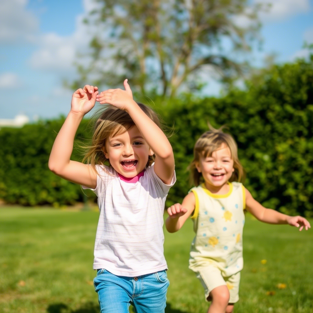 Happy children playing outside in comfortable casual wear
