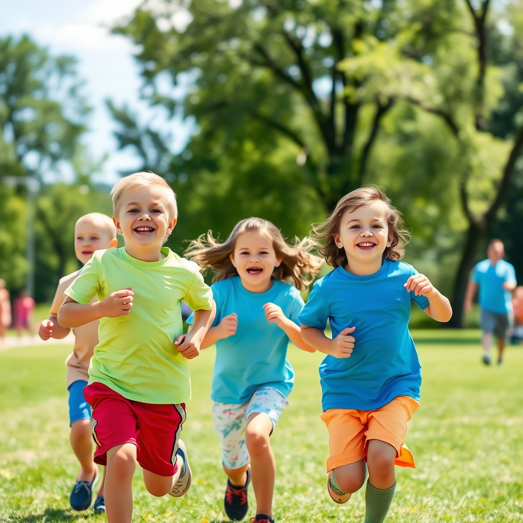 Happy children running in a park, dressed in vibrant T-shirts and shorts on a sunny day