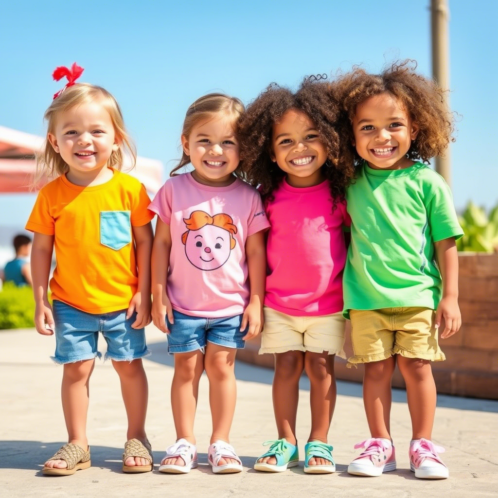 Happy children wearing vibrant casual tops and tees for summer fun