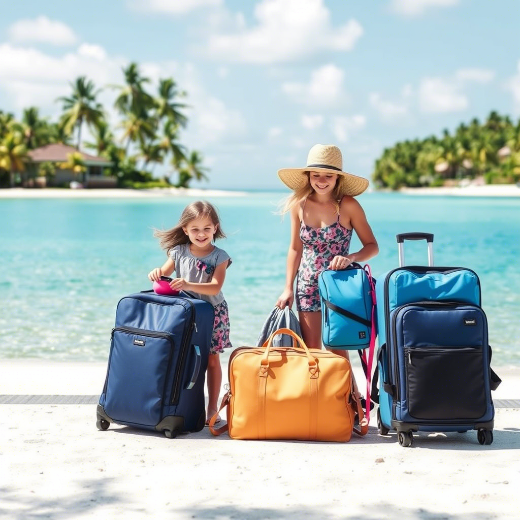 Happy family packing bags for a tropical getaway