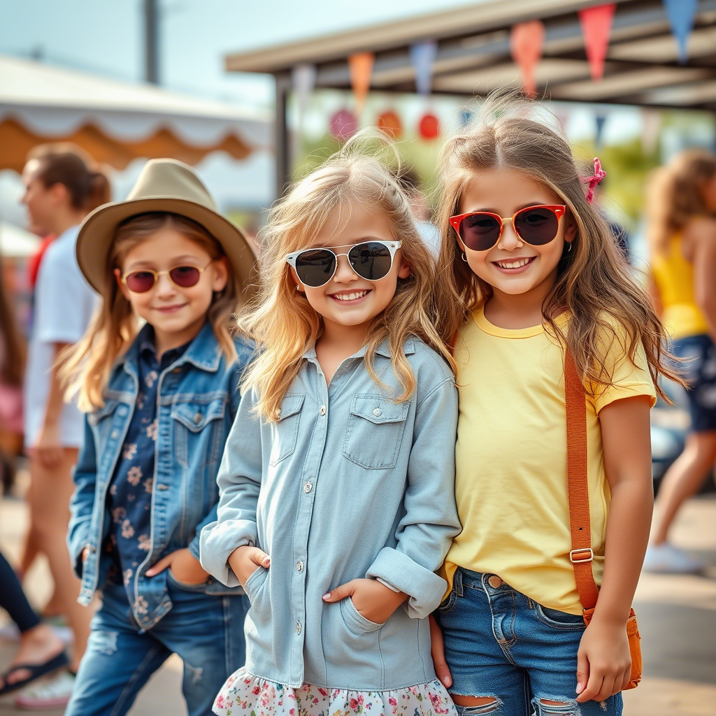 Happy kids modeling latest fashion trends in a lively outdoor setting