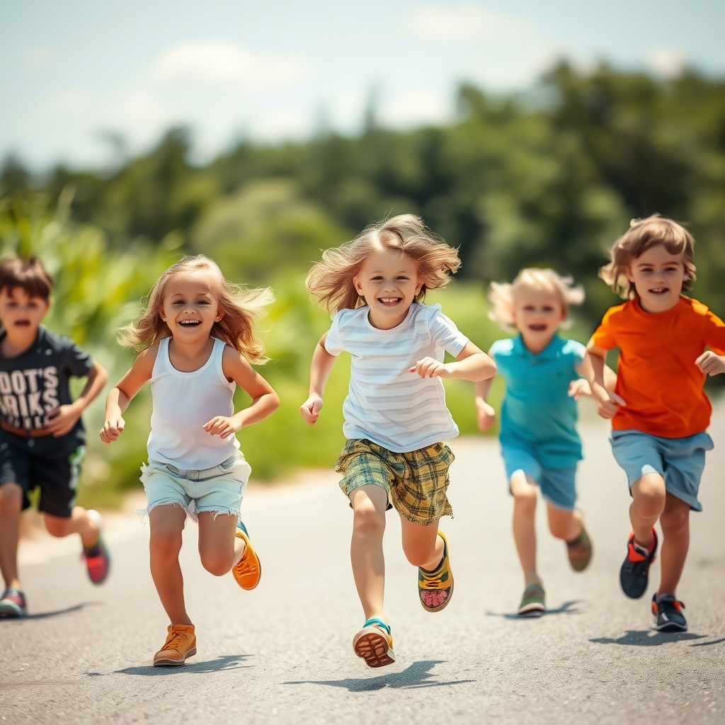 Happy kids running in fun kids’ shorts on a sunny day