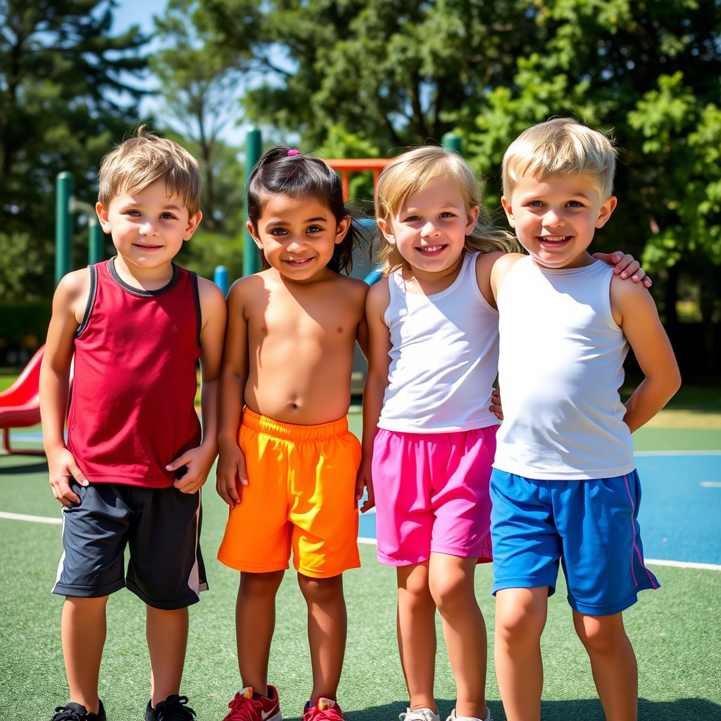 Happy kids wearing vibrant athletic shorts on a playground
