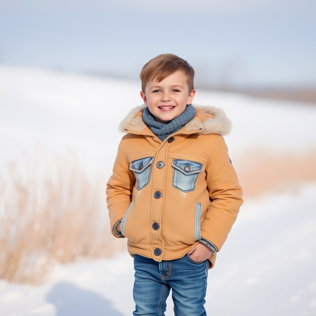Happy little boy modeling denim jeans with a warm winter coat on a snowy day