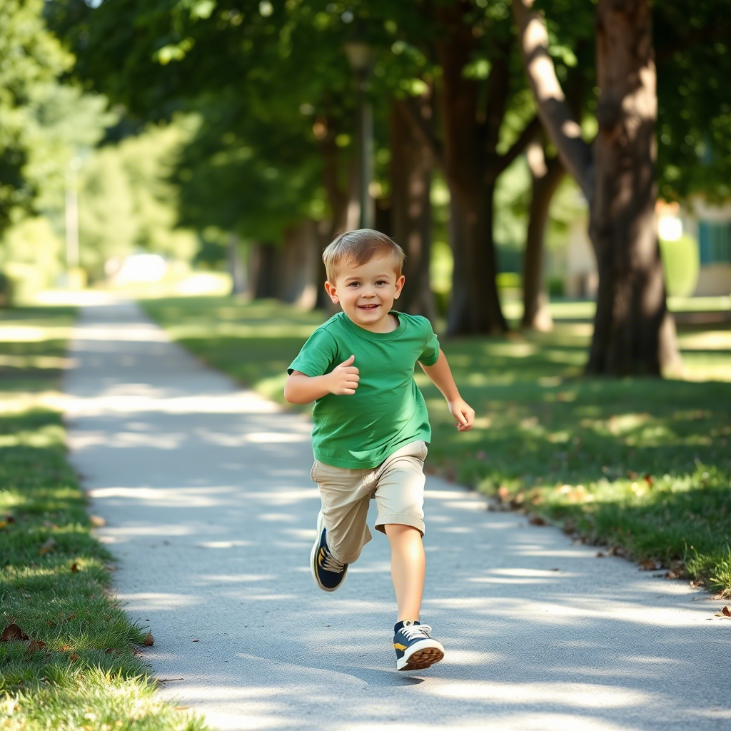 Happy little boy running in a green T-shirt and beige shorts on a sunny day