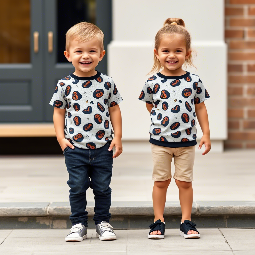 Happy toddler boy and girl twins in matching casual clothes