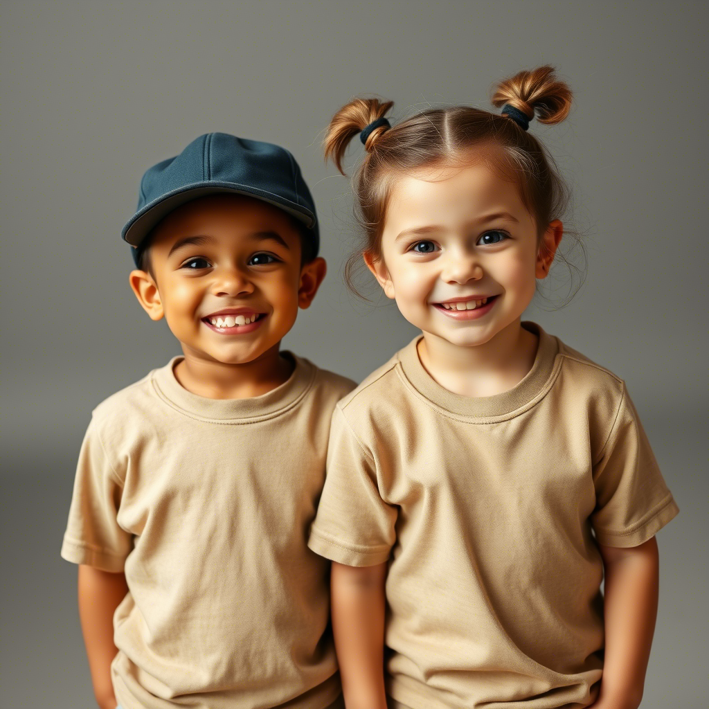 Happy toddler boy and girl twins in matching casual wear smiling together