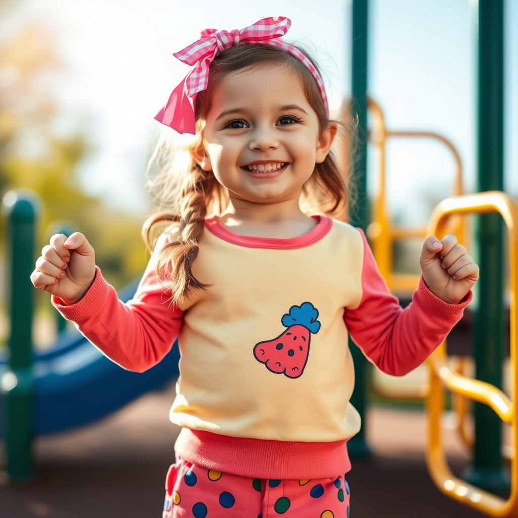 Happy toddler girl showcasing vibrant toddler clothes in a playground