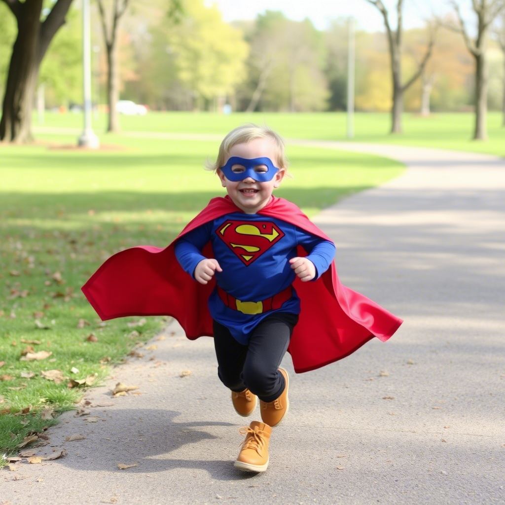 Happy toddler in a superhero costume running in a park