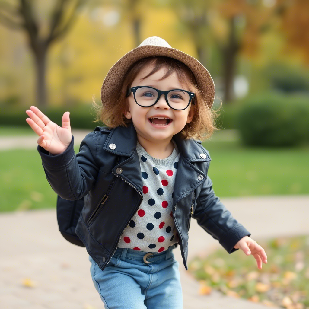 Happy toddler in trendy outfit having fun at the park