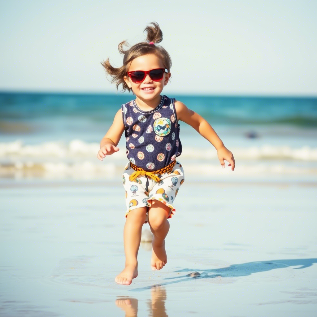 Happy toddler in trendy outfit running on a sunny day beach