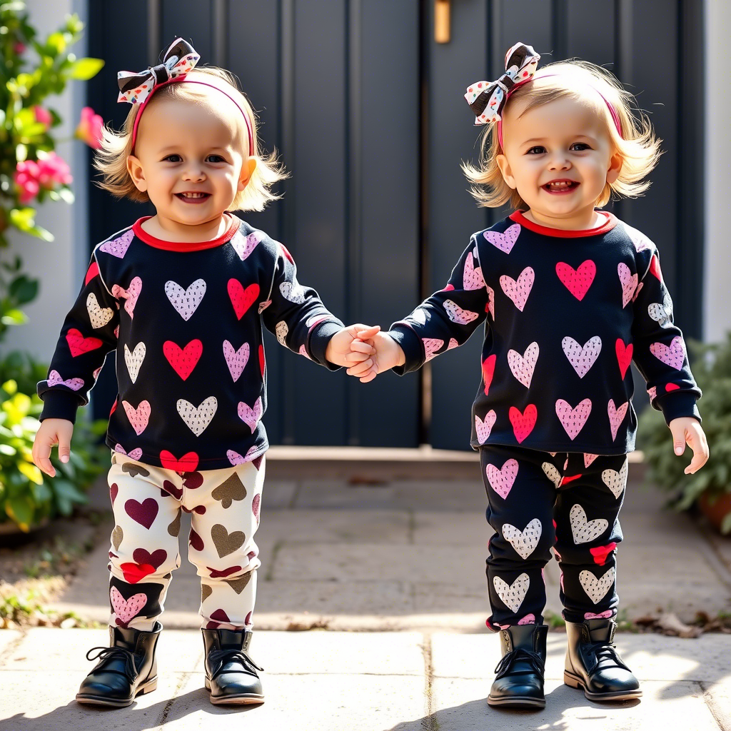 Happy toddlers in matching sibling outfits holding hands