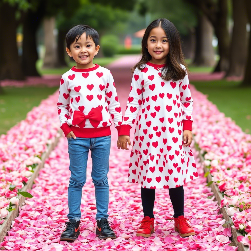 Harmonious twins in heart-patterned clothes standing together on a rose-petal path