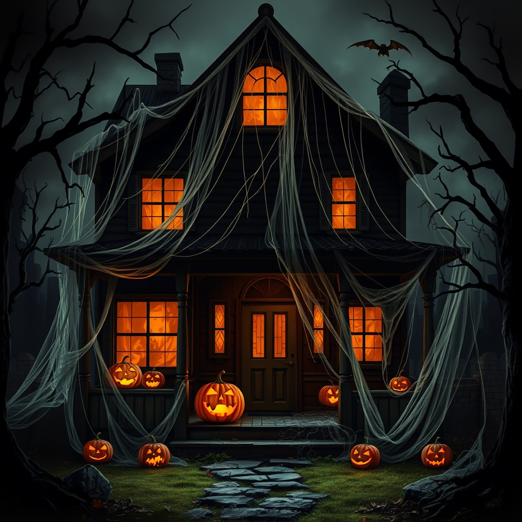 Haunted house with creepy cobwebs and jack-o-lanterns inside