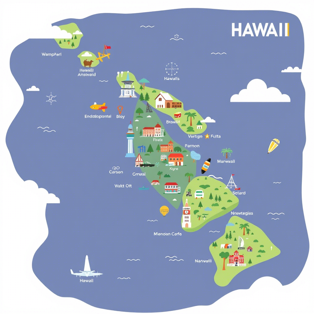 Hawaii map with iconic landmarks and vacation icons