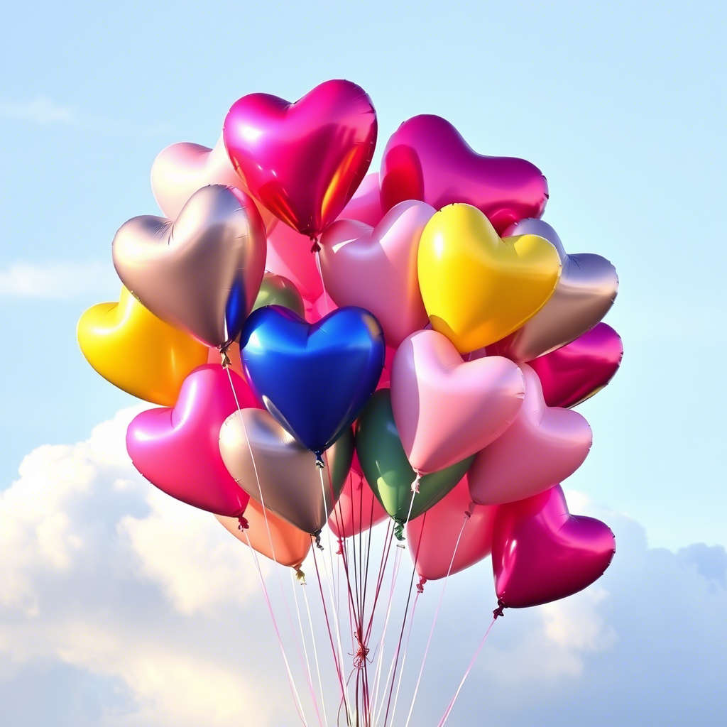 Heart-shaped balloon cluster with pastel colors and fluffy clouds
