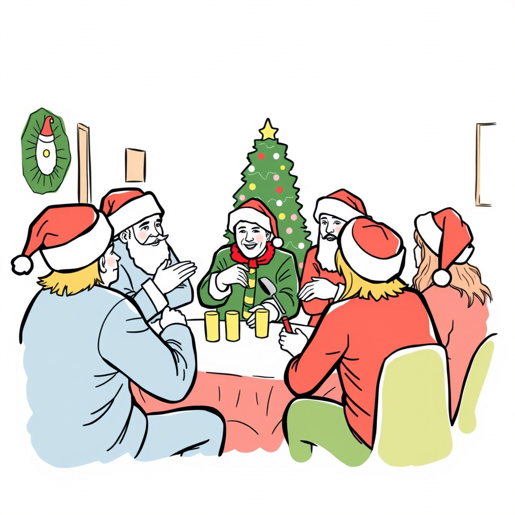 Holiday gathering with charades players wearing Santa hats