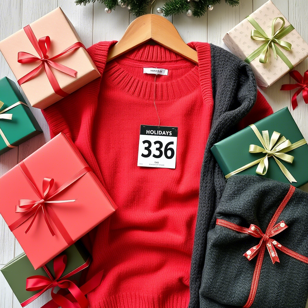 Holiday outfit with size label on clothing, surrounded by gifts