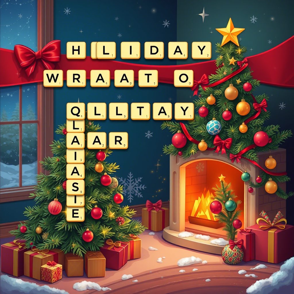 Holiday word scramble game with Christmas tree and decorations