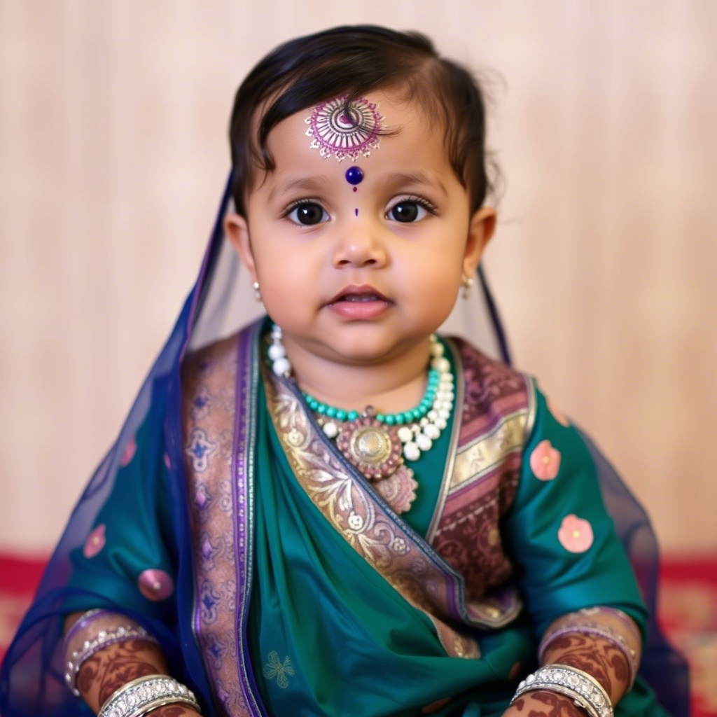 Indian baby adorned with intricate henna designs