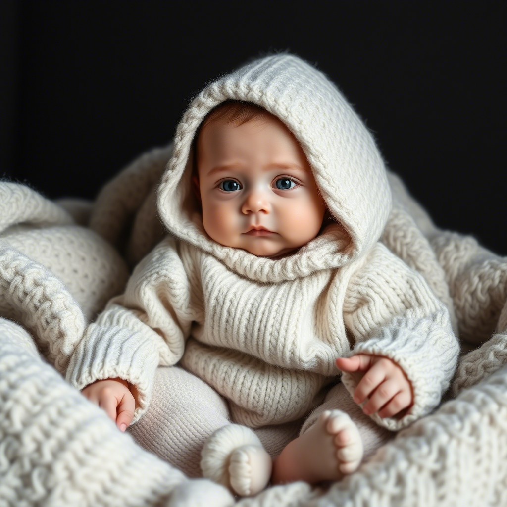 Infant in cozy, monochromatic Lezonkidss ensemble with soft textures