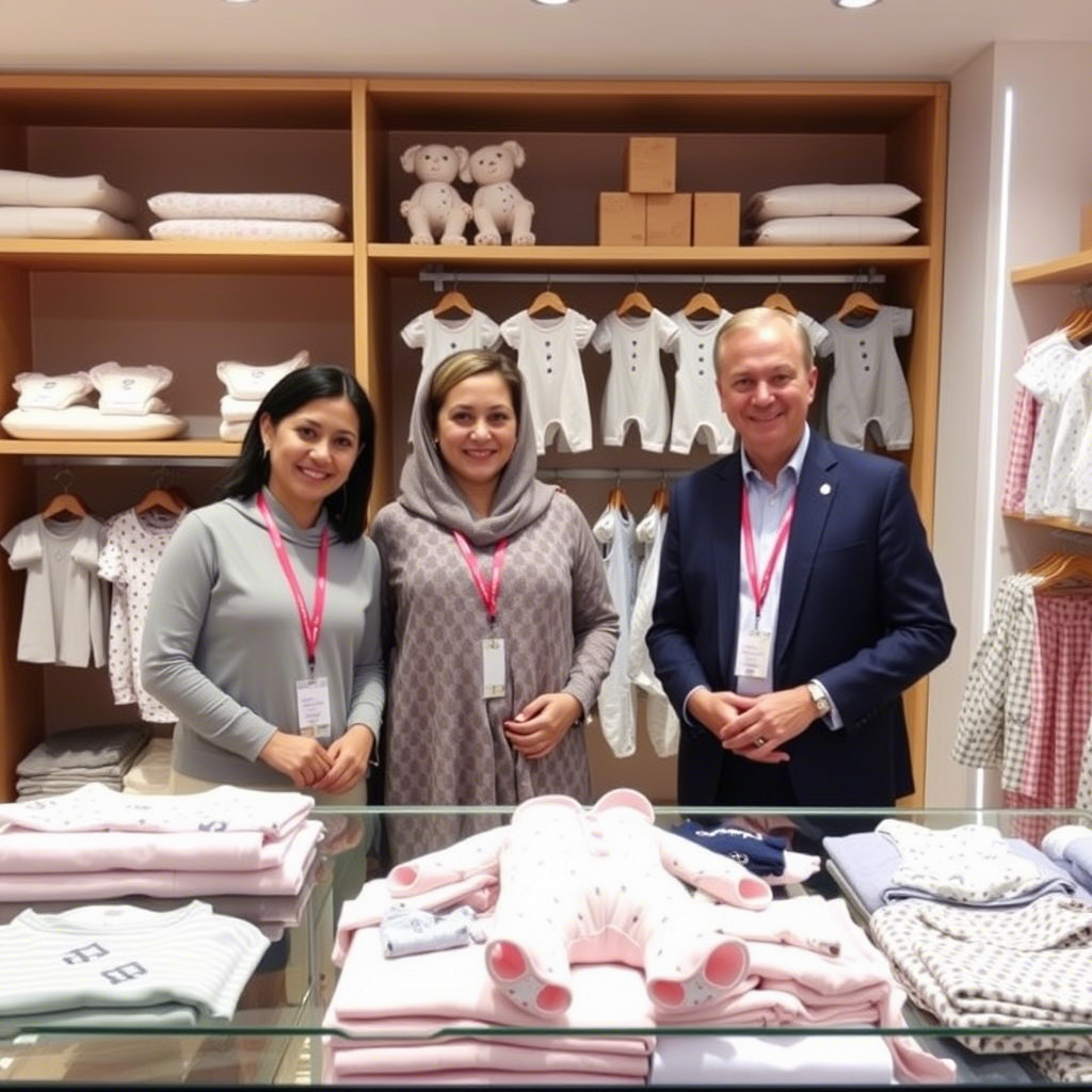 Infant wear suppliers showcasing their products in a baby store