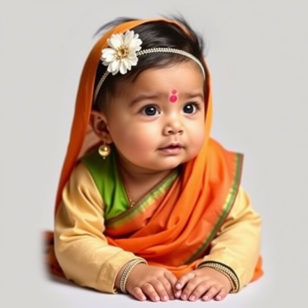 Infant wearing a miniature version of a sari with playful accessories