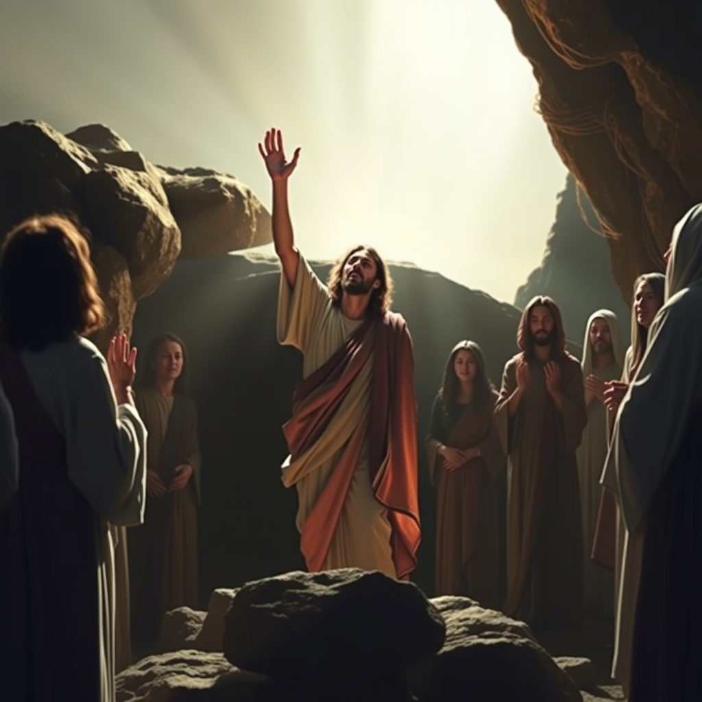 Jesus rising from the tomb, with a choir singing in the background