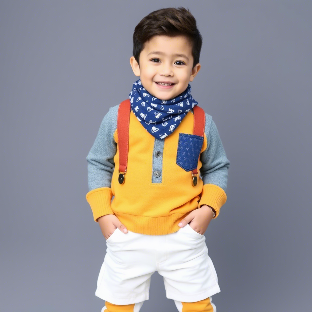 Kid dressed in fashionable boy clothing set posing with big smile